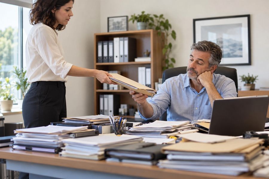Funcionário devolve uma pasta sobre a mesa já cheia do dono da empresa