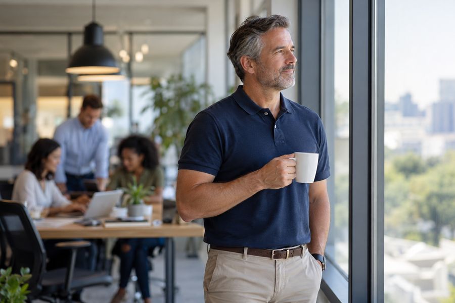 Empresário faz uma pausa junto à janela, com uma xícara de café, enquanto a equipe trabalha ao fundo