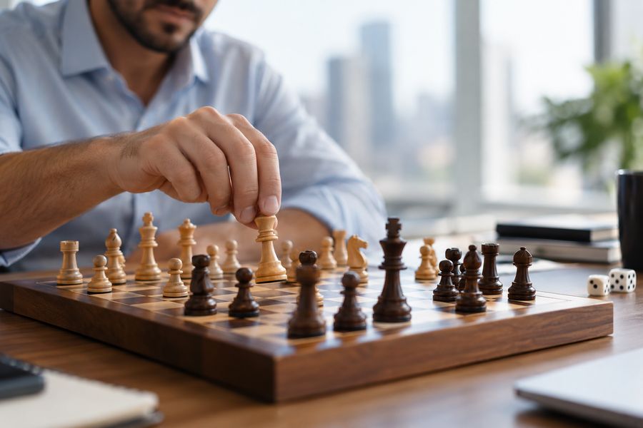 Mão move uma peça de xadrez sobre a mesa do escritório, com um par de dados deixado de lado