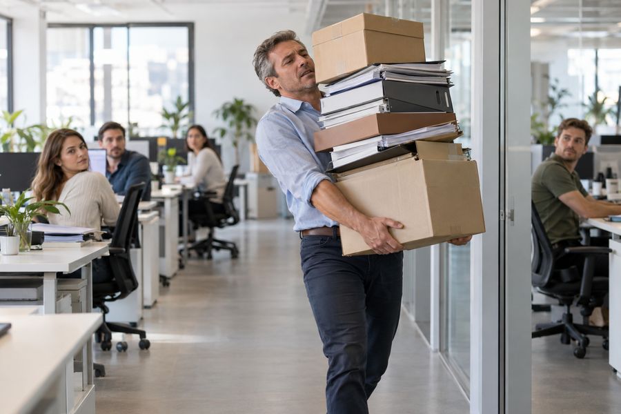 Dono de empresa carrega sozinho uma pilha de caixas enquanto a equipe observa sentada