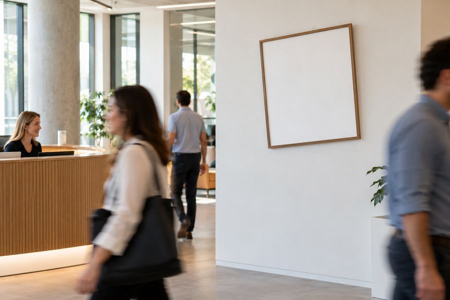 Quadro torto e esquecido na parede da recepção, com funcionários passando sem olhar
