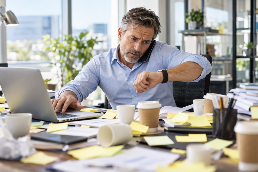 Empresário ao telefone, no notebook e de olho no relógio, com a mesa cheia de bilhetes e xícaras