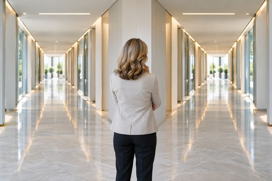 Empresária de costas diante de dois corredores iguais, decidindo por onde seguir
