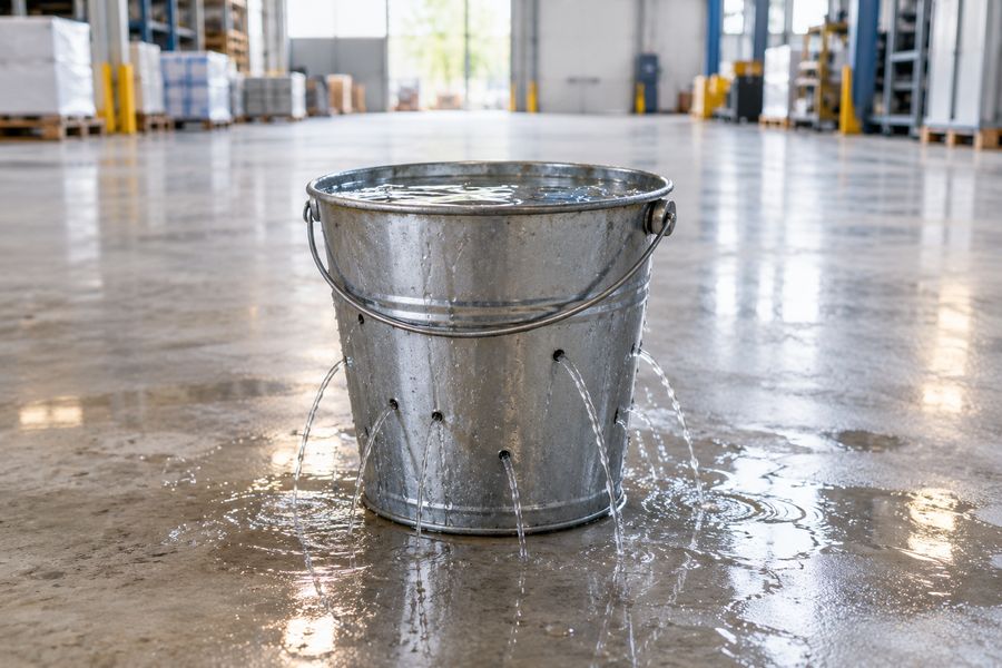 Balde de metal com água vazando por pequenos furos no chão de um galpão