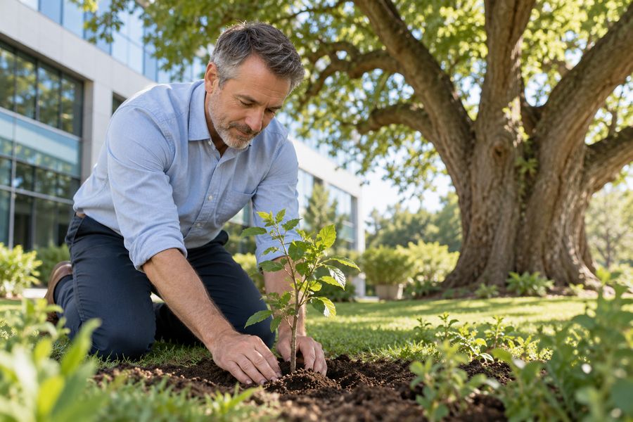 Empresário planta uma muda de árvore no jardim da empresa, com uma árvore grande ao fundo