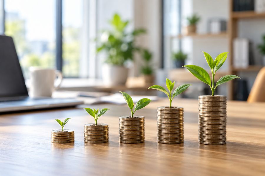 Pilhas de moedas em alturas crescentes com mudas de planta brotando no topo