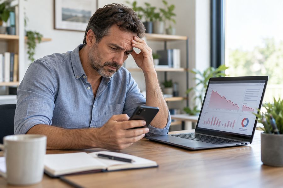 Empresário frustrado olha o celular diante de um notebook com gráficos em queda