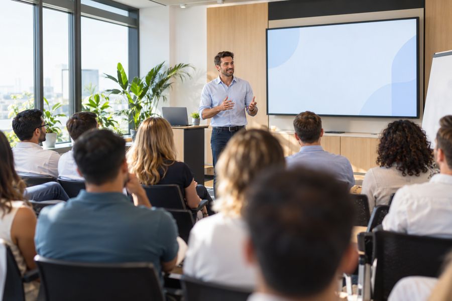 Empresário palestra para uma plateia atenta em um evento corporativo